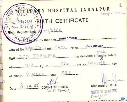Download India Military hospital birth certificate Photoshop template